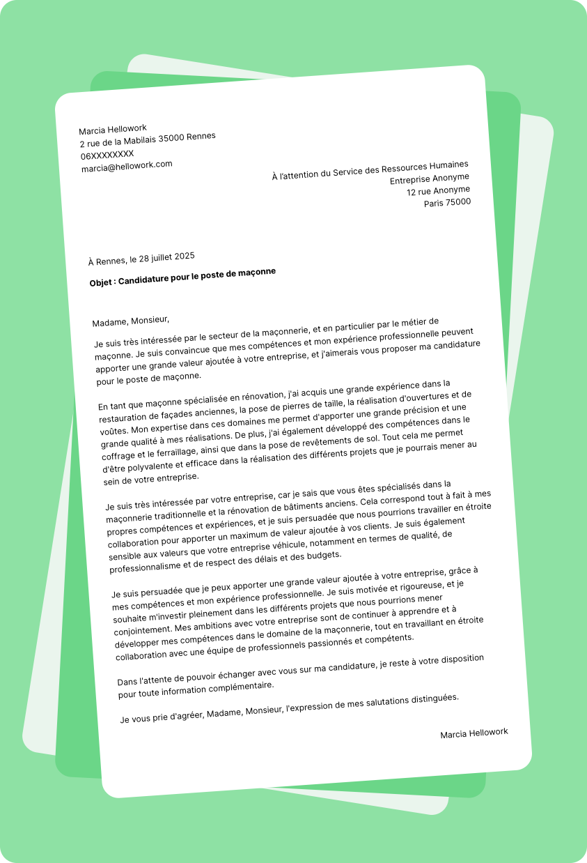 Exemple lettre de motivation pour le secteur Maçonnerie