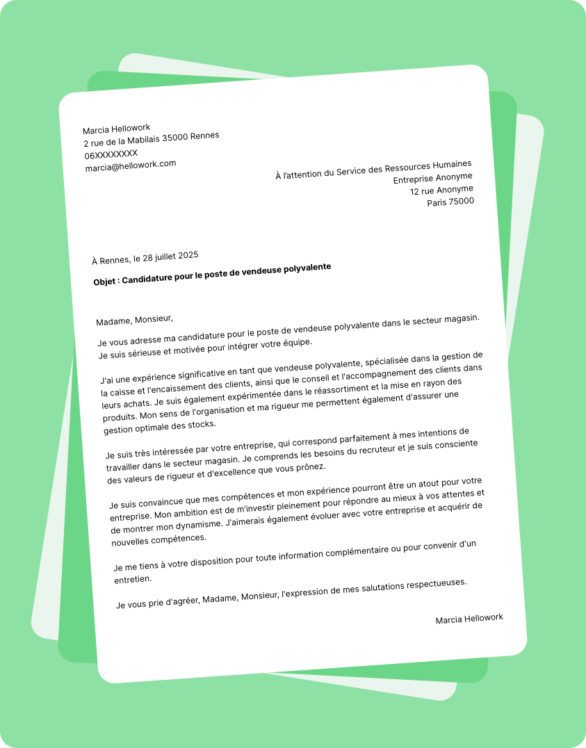 Modèle lettre de motivation pour le secteur Magasin Exemple lettre de motivation pour le secteur Magasin