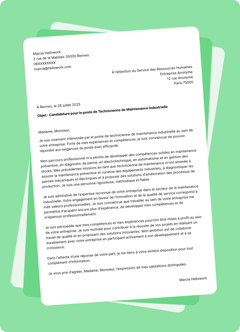 Modèle lettre de motivation pour le secteur Maintenance industrielle Exemple lettre de motivation pour le secteur Maintenance industrielle