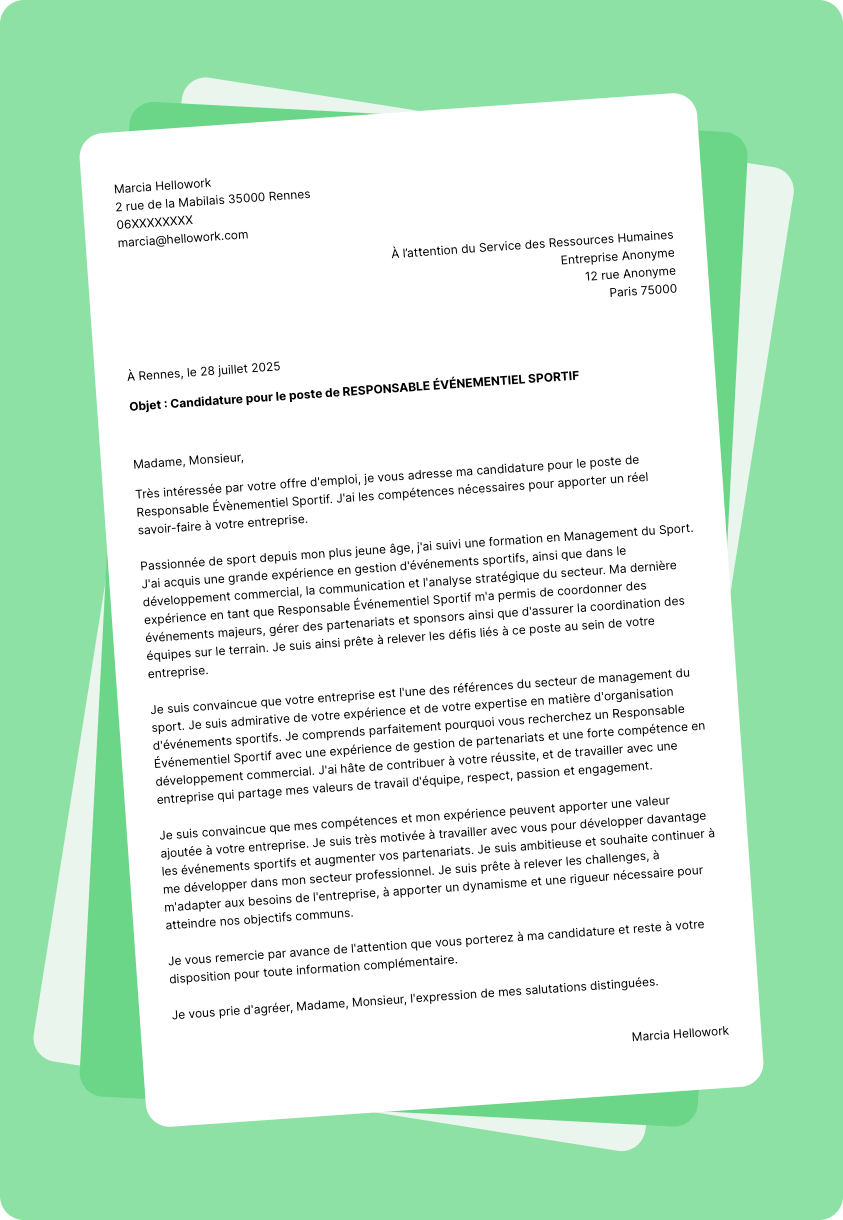 Modèle lettre de motivation pour le secteur Management du sport Exemple lettre de motivation pour le secteur Management du sport