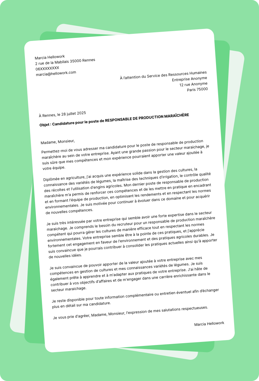 Modèle lettre de motivation pour le secteur Maraichage Exemple lettre de motivation pour le secteur Maraichage