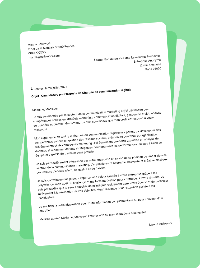 Exemple lettre de motivation pour le secteur Marketing Communication