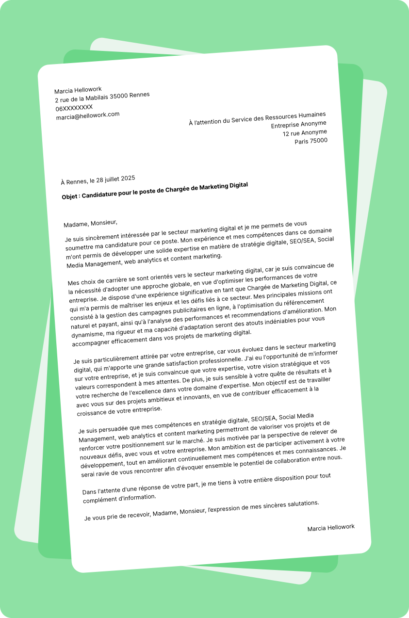 Modèle lettre de motivation pour le secteur Marketing digital Exemple lettre de motivation pour le secteur Marketing digital