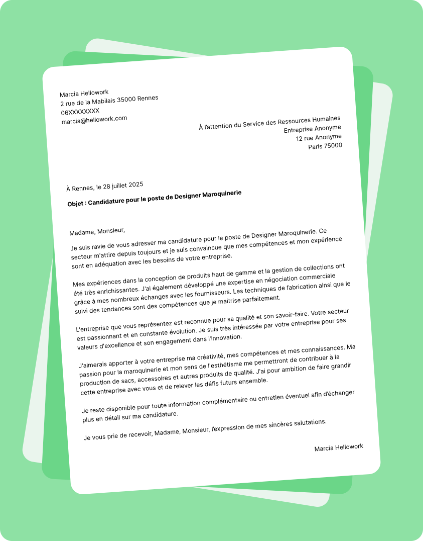 Modèle lettre de motivation pour le secteur Maroquinerie Exemple lettre de motivation pour le secteur Maroquinerie