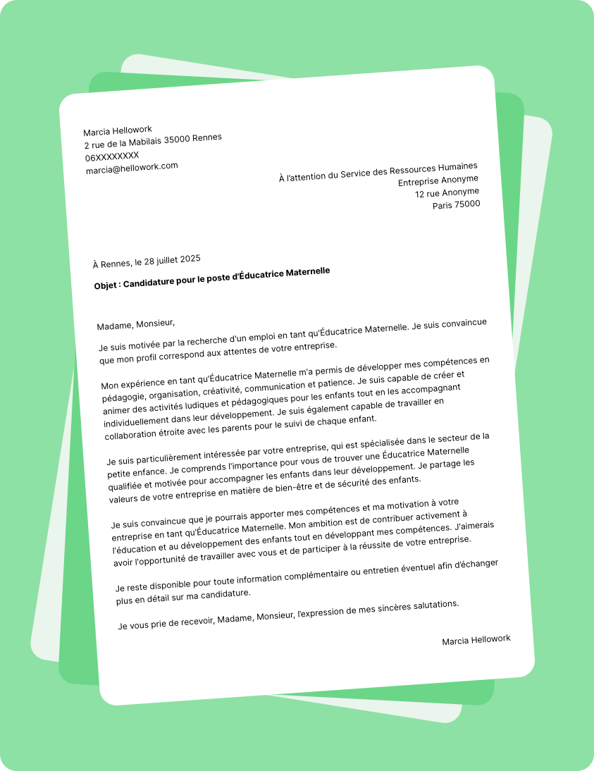 Modèle lettre de motivation pour le secteur Maternelle Exemple lettre de motivation pour le secteur Maternelle