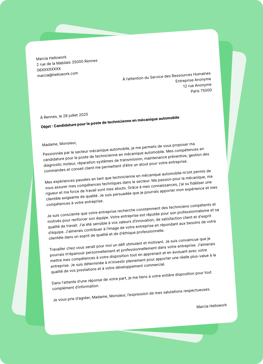 Modèle lettre de motivation pour le secteur Mécanique automobile Exemple lettre de motivation pour le secteur Mécanique automobile