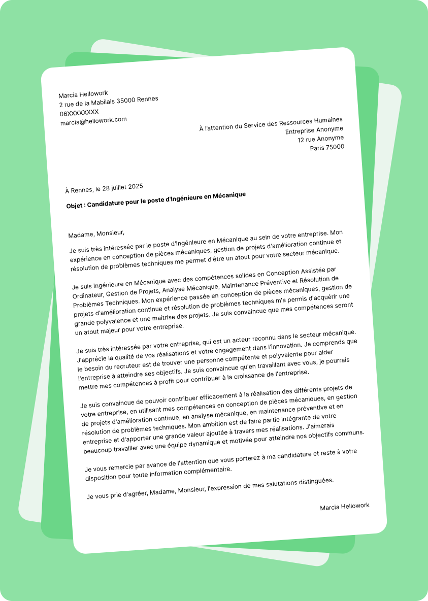 Modèle lettre de motivation pour le secteur Mécanique Exemple lettre de motivation pour le secteur Mécanique