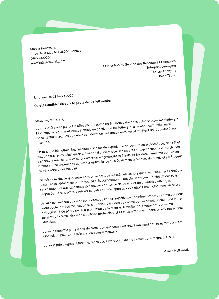 Exemple lettre de motivation pour le secteur Médiathèque
