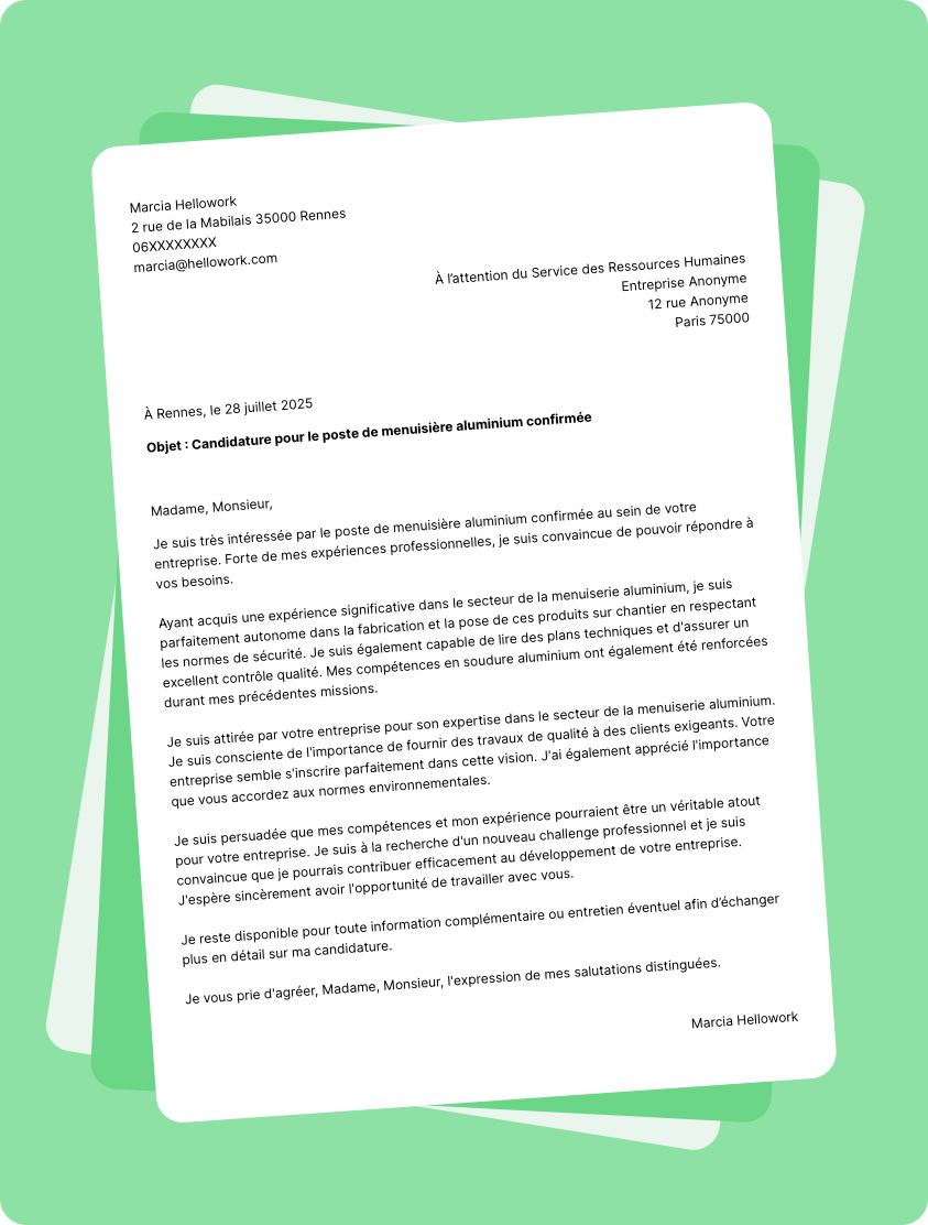 Modèle lettre de motivation pour le secteur Menuiserie aluminium Exemple lettre de motivation pour le secteur Menuiserie aluminium