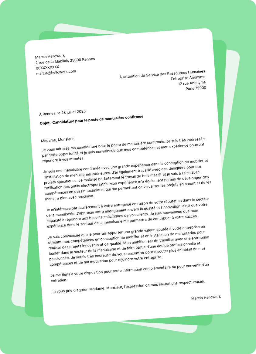 Modèle lettre de motivation pour le secteur Menuiserie Exemple lettre de motivation pour le secteur Menuiserie
