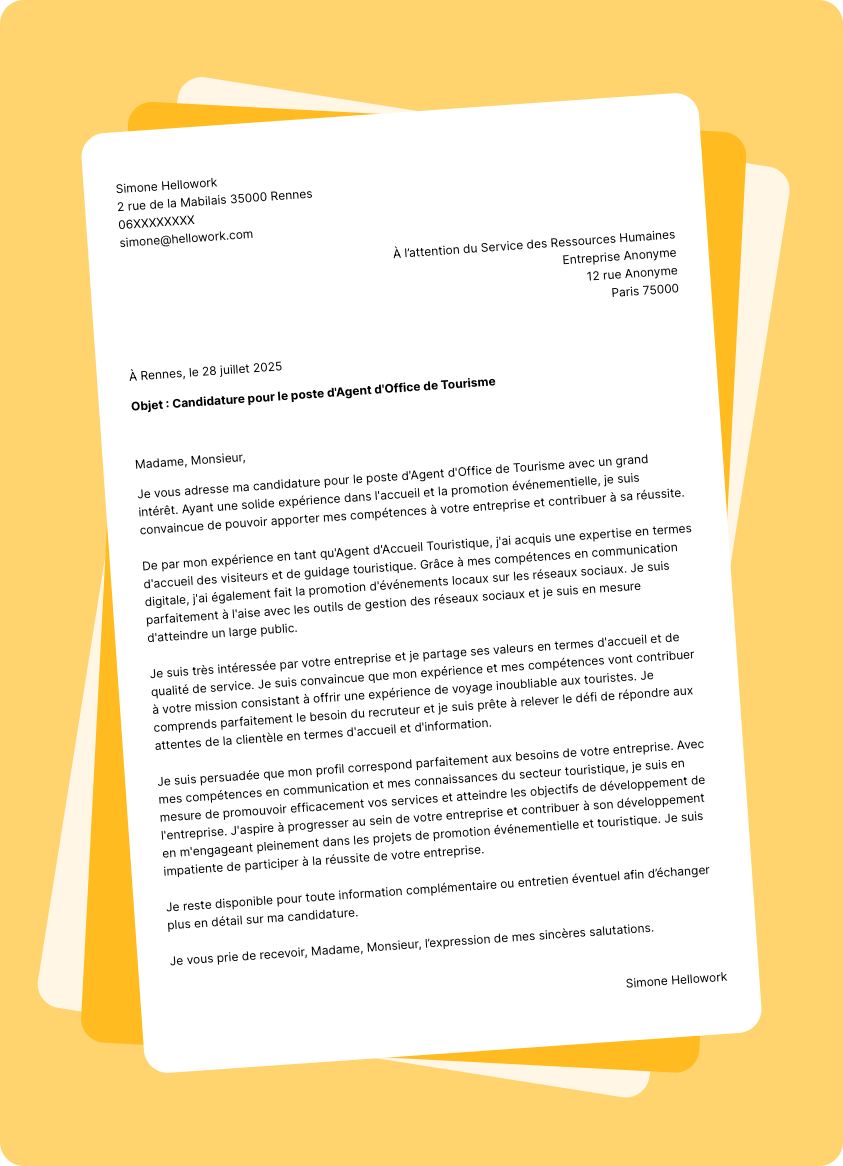 Exemple lettre de motivation pour le secteur Office de tourisme