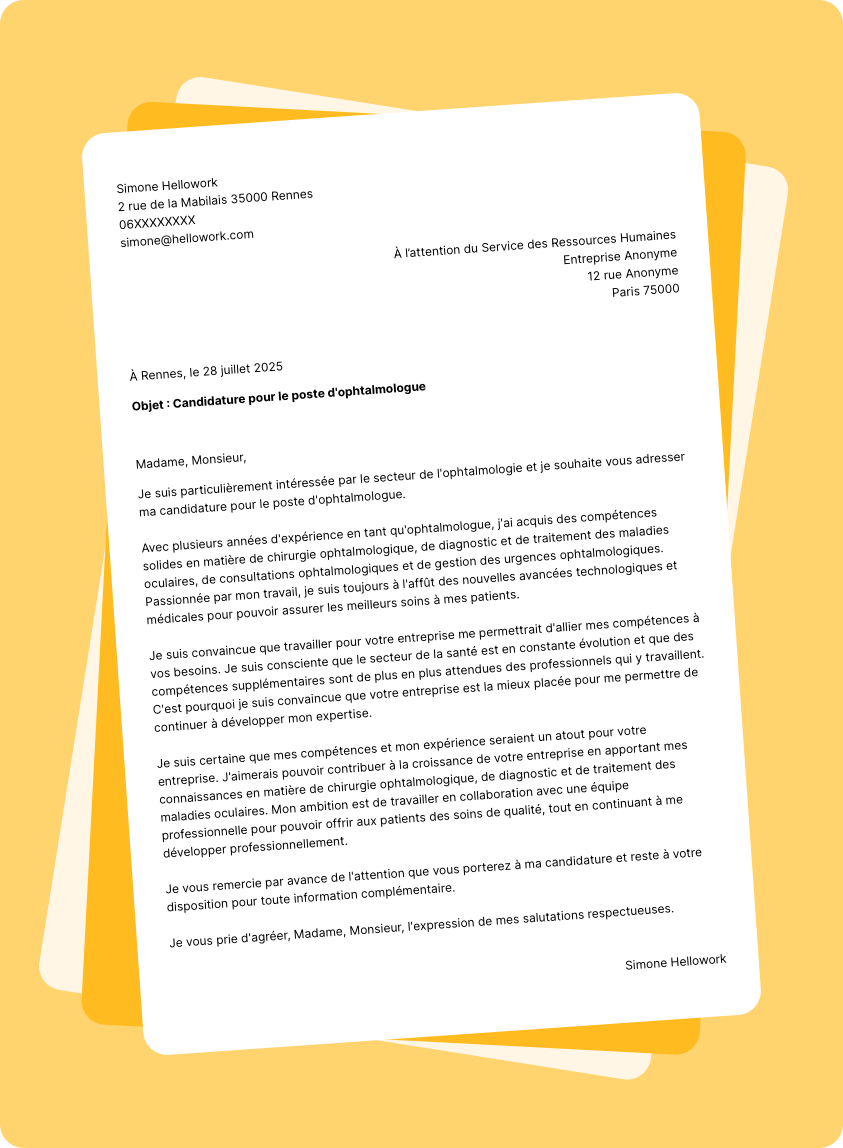 Modèle lettre de motivation pour le secteur Ophtalmologie Exemple lettre de motivation pour le secteur Ophtalmologie