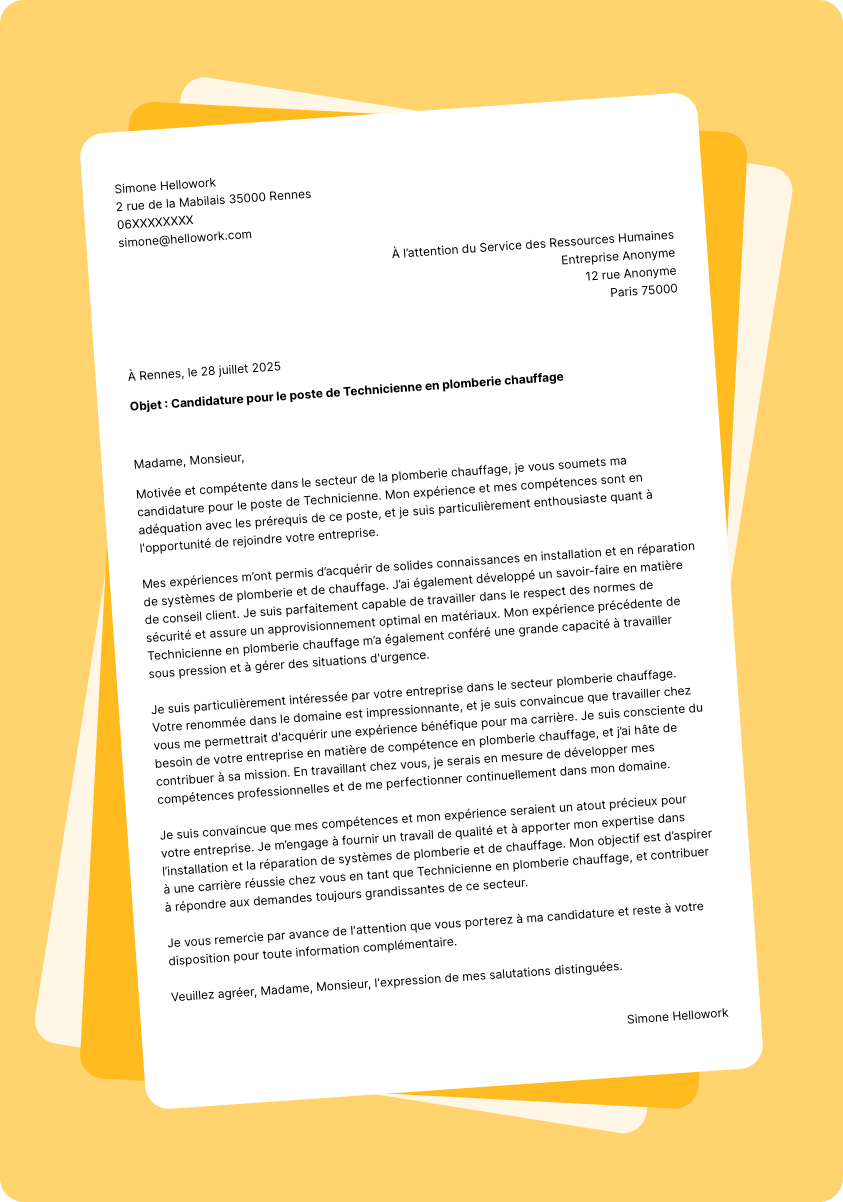Modèle lettre de motivation pour le secteur Plomberie chauffage Exemple lettre de motivation pour le secteur Plomberie chauffage