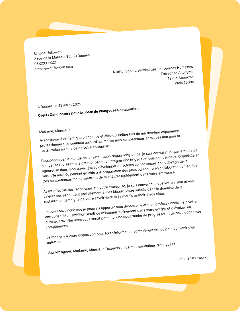 Exemple lettre de motivation en tant que Plongeur Restauration