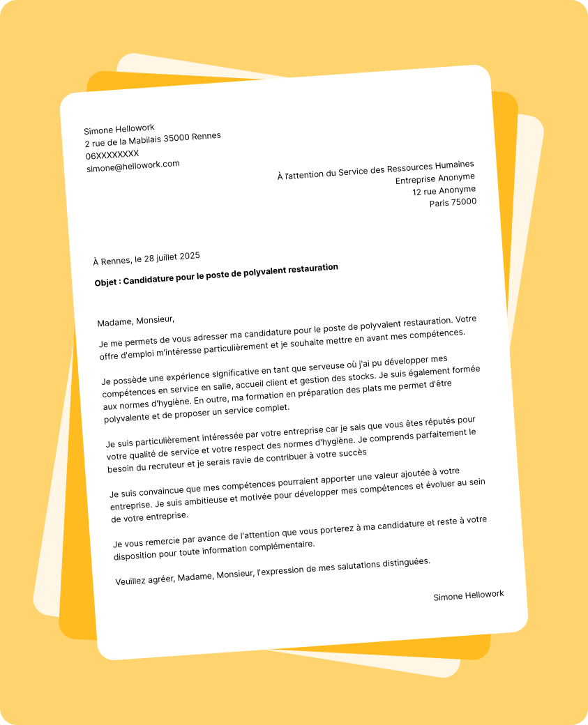 Exemple lettre de motivation en tant que Polyvalent restauration