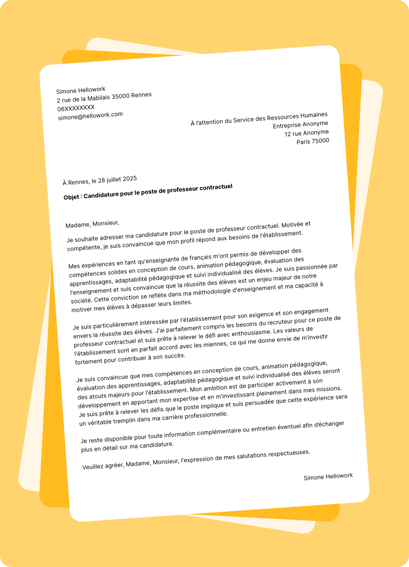 Exemple lettre de motivation en tant que Professeur contractuel
