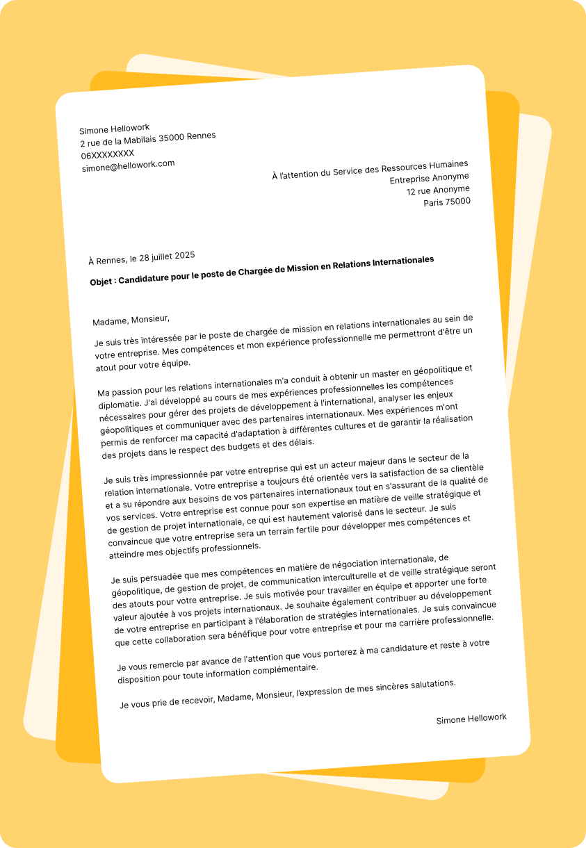 Modèle lettre de motivation pour le secteur Relations internationales Exemple lettre de motivation pour le secteur Relations internationales