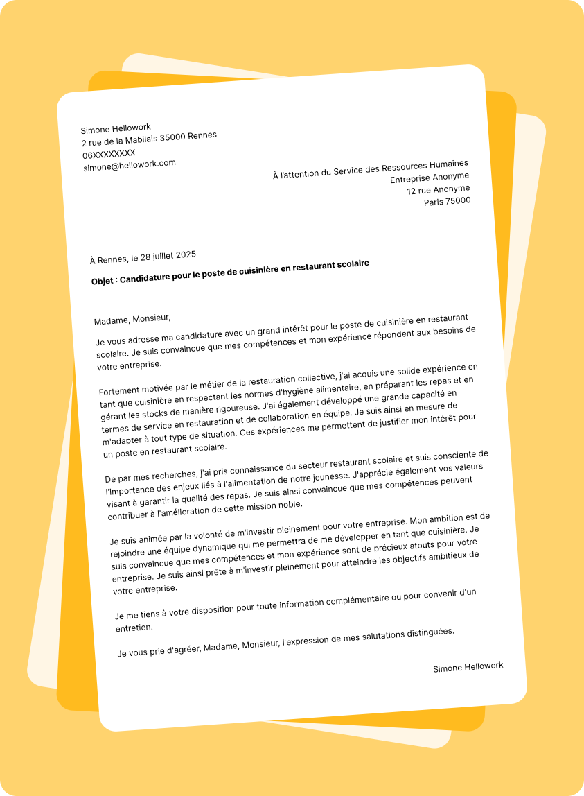 Modèle lettre de motivation pour le secteur Restaurant Scolaire Exemple lettre de motivation pour le secteur Restaurant Scolaire
