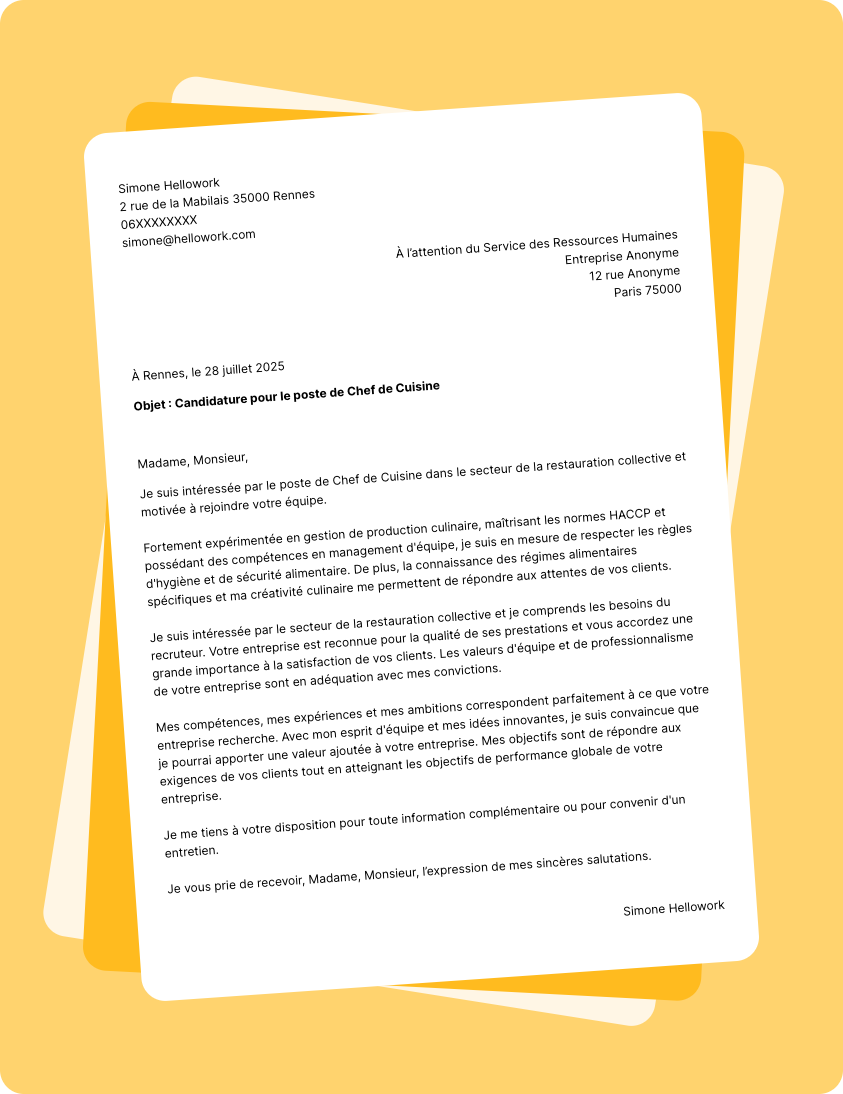 Modèle lettre de motivation pour le secteur Restauration collective Exemple lettre de motivation pour le secteur Restauration collective