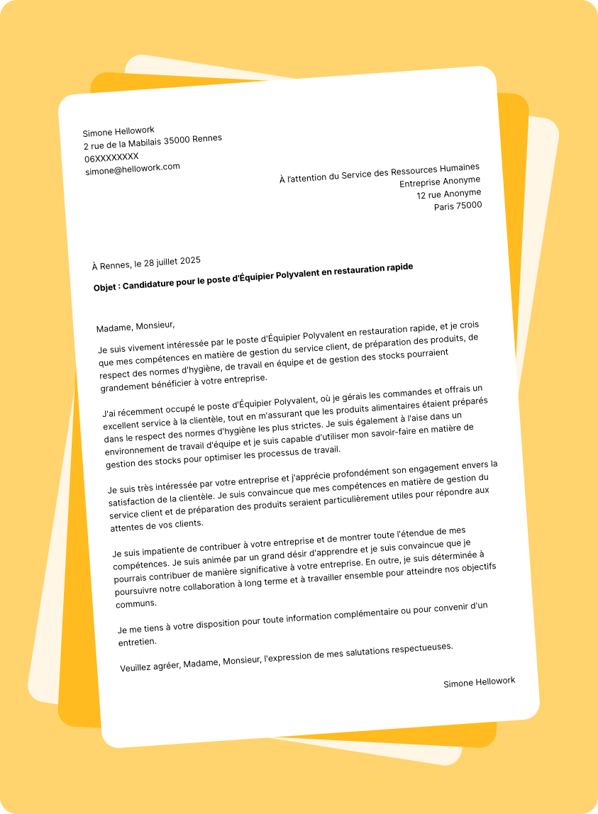 Modèle lettre de motivation pour le secteur Restauration rapide Exemple lettre de motivation pour le secteur Restauration rapide