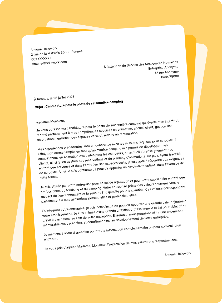 Exemple lettre de motivation en tant que Saisonnier camping
