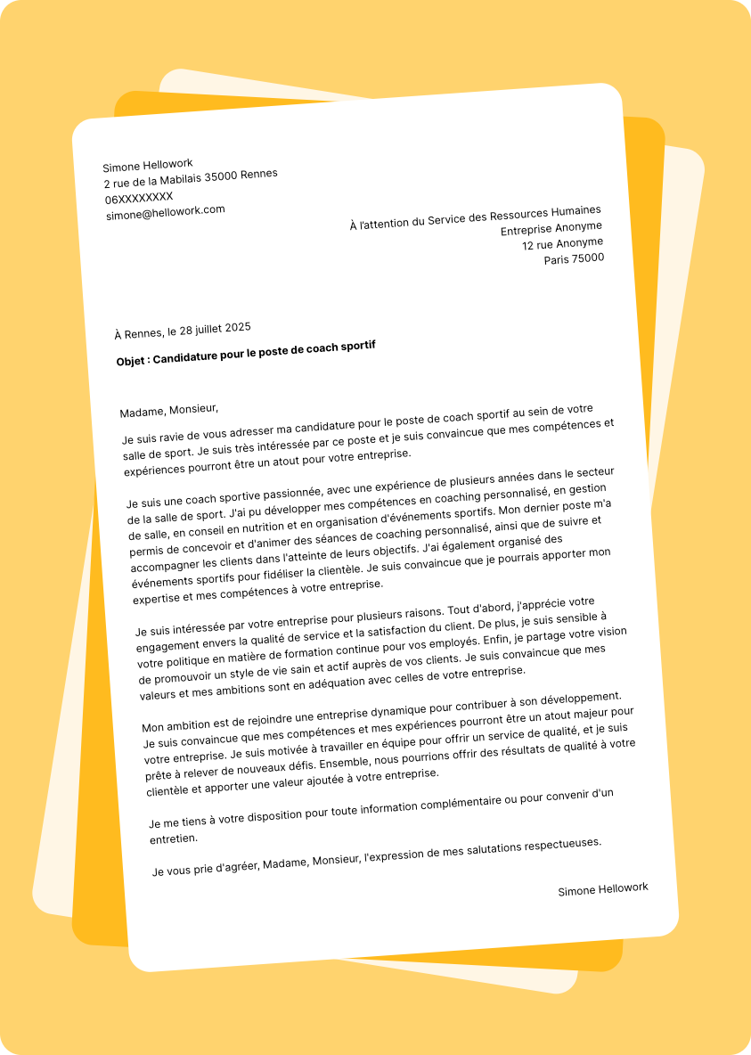Exemple lettre de motivation pour le secteur Salle de sport