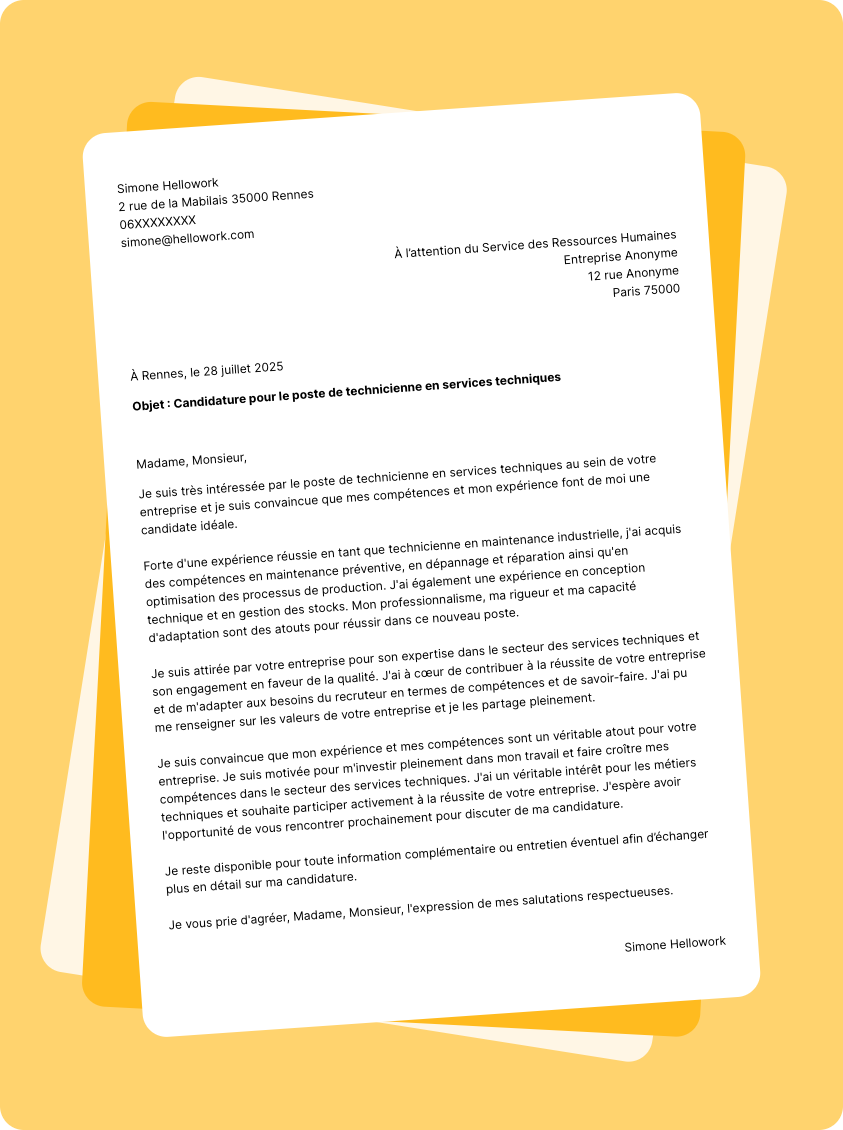 Modèle lettre de motivation pour le secteur Services Techniques Exemple lettre de motivation pour le secteur Services Techniques