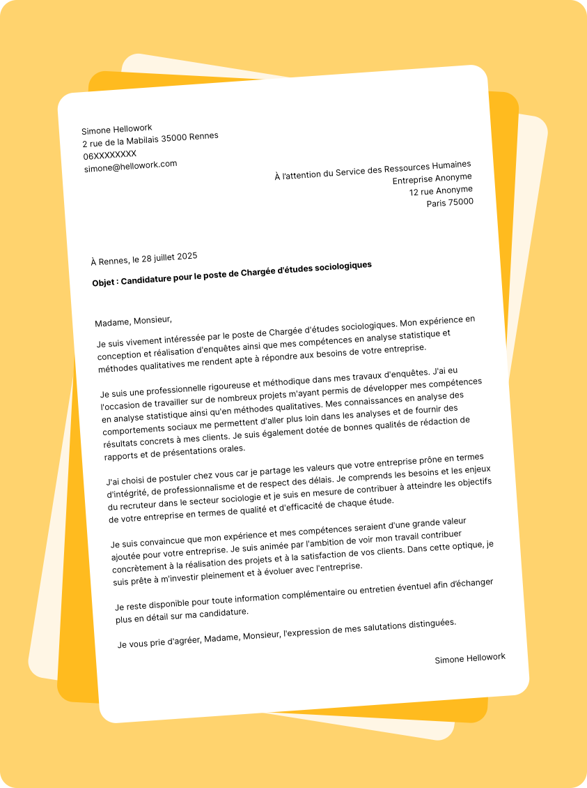 Exemple lettre de motivation pour le secteur Sociologie
