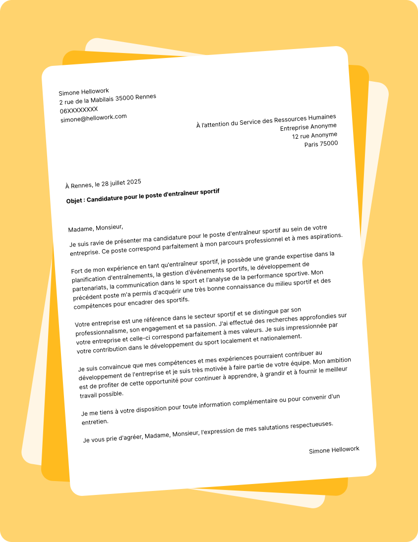 Exemple lettre de motivation pour le secteur Sport