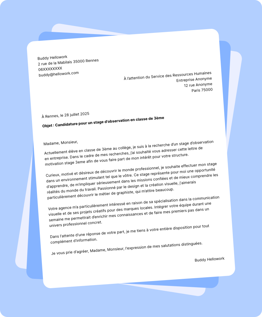 Exemple Lettre De Motivation Stage 3 me Hellowork