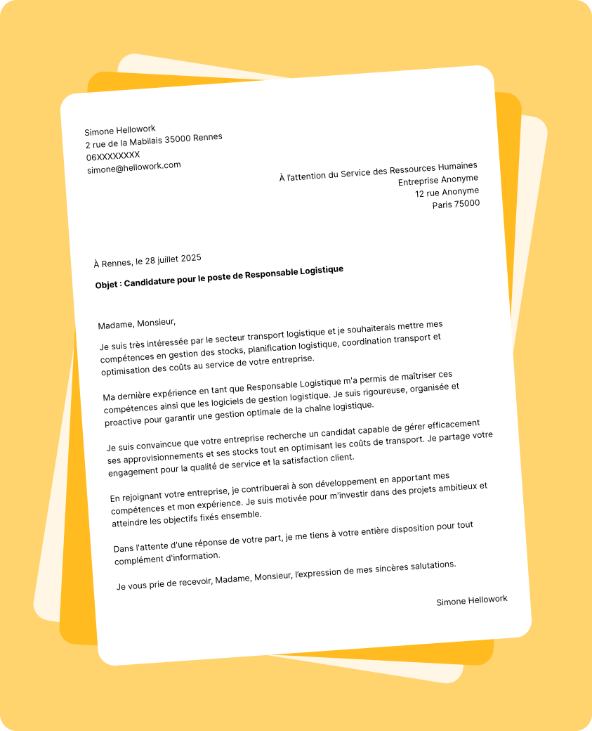 Modèle lettre de motivation pour le secteur Transport logistique Exemple lettre de motivation pour le secteur Transport logistique