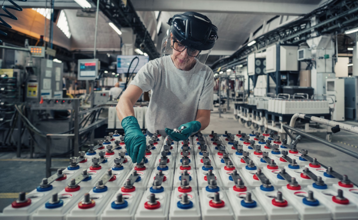 une technicienne devant des batteries