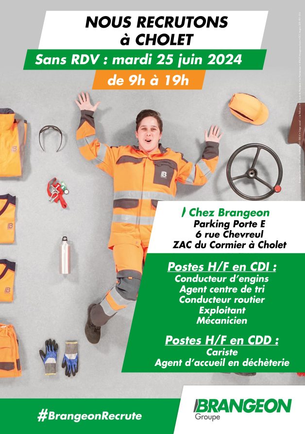 Job dating sans rendez-vous organisé dans l'entreprise Brangeon à Cholet le mardi 25 juin 2024. Rendez-vous 6 rue Chevreul de 9 heures à 19 heures, parking porte E dans la zone d'activités du Cormier.