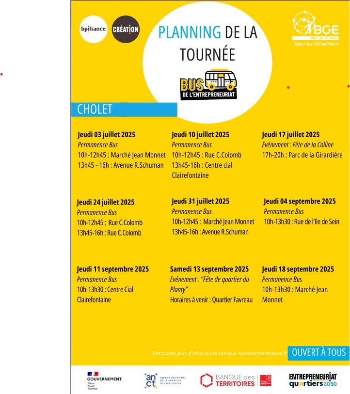 Planning de la tournée du bus de l'entreprenariat